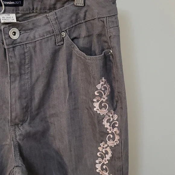 5/$25 VTG DENIM 24/7 Floral Embroidered Midrise Trouser Wide Leg Ankle Jeans - Picture 6 of 8